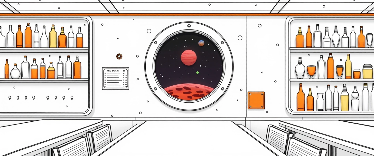 Рисуем заднюю стенку из космического кафе, фронтальный вид. Изобразить иллюминатор с видом на космос и красную планету. Слева от иллюминатора полки с инопланетными напитками.…