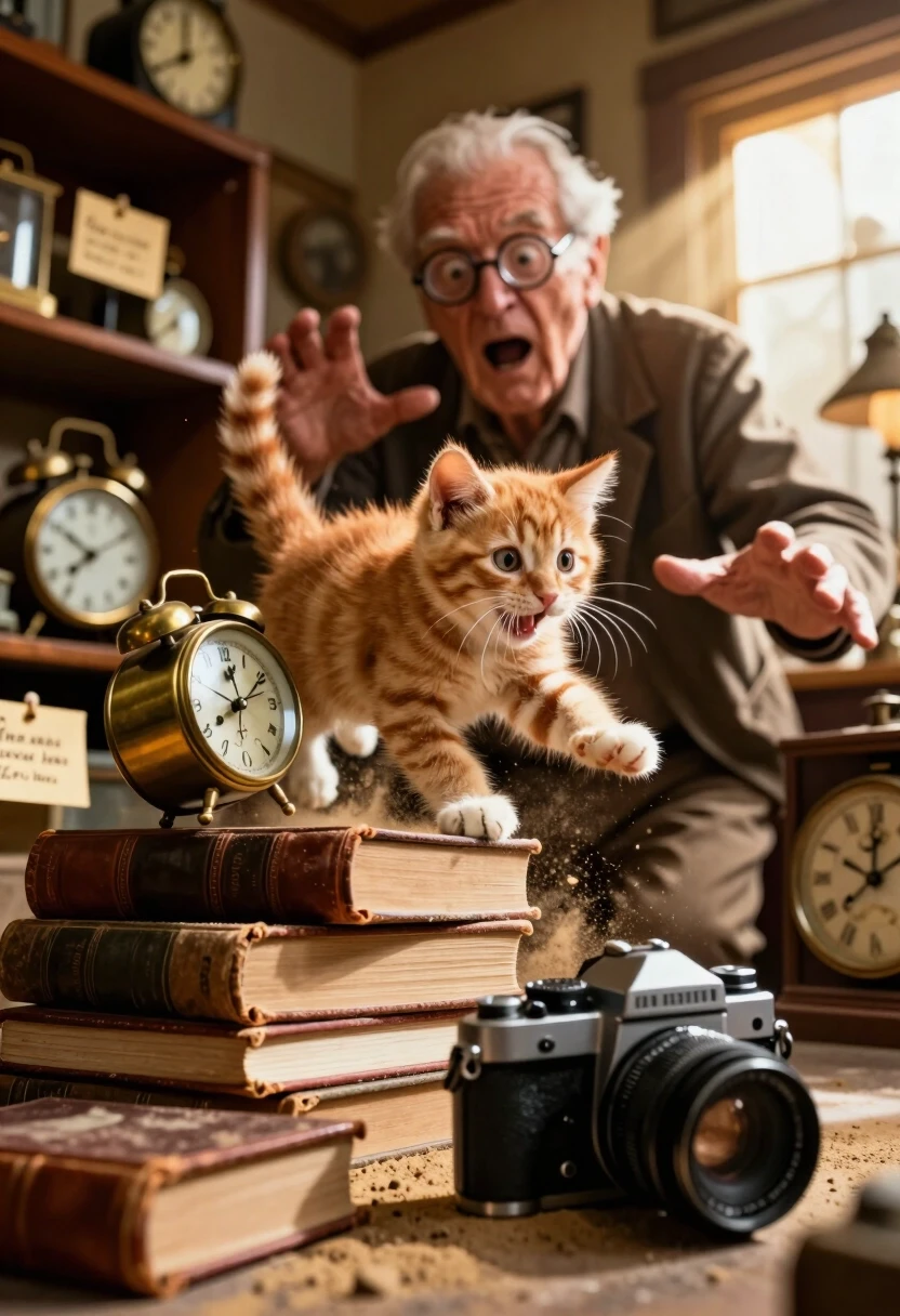 Extreme low-angle, wide-shot macro photography in a dusty, sun-drenched vintage curiosity shop. The camera is placed almost on the floor, creating a dramatic sense of scale. A…