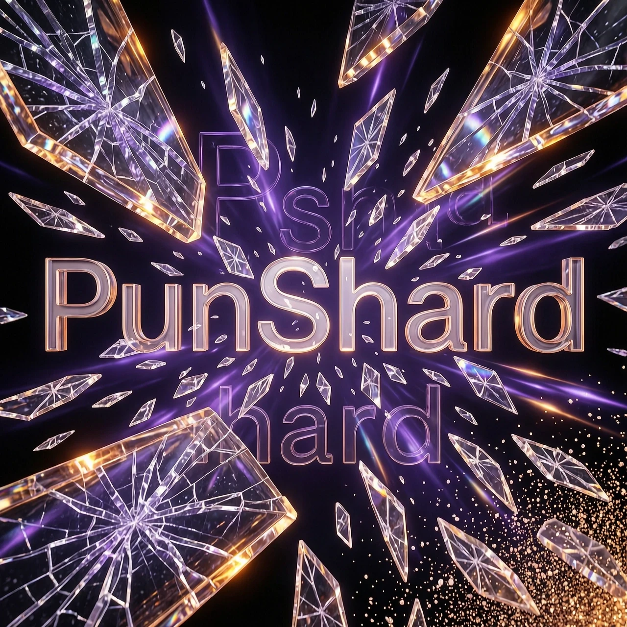Cinematic digital art masterpiece of the typography "PunShard" undergoing a violent, high-speed fragmentation. The letters are shattering into thousands of sharp,…