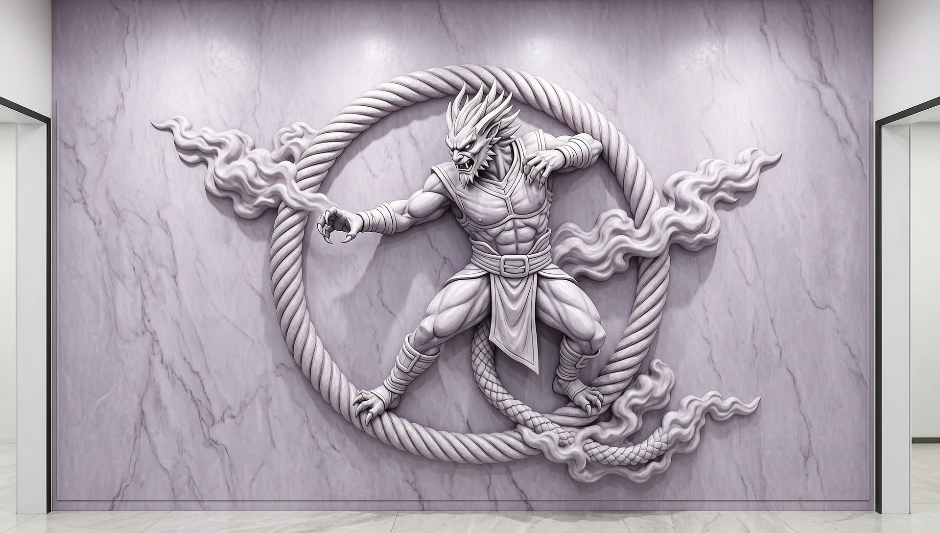 Architectural bas-relief for a bright hallway (wall 3500×2600 mm). Relief depth — 25–35% of full-volume sculpture, near-flat, graphic, like chasing or engraving. Center — circle…