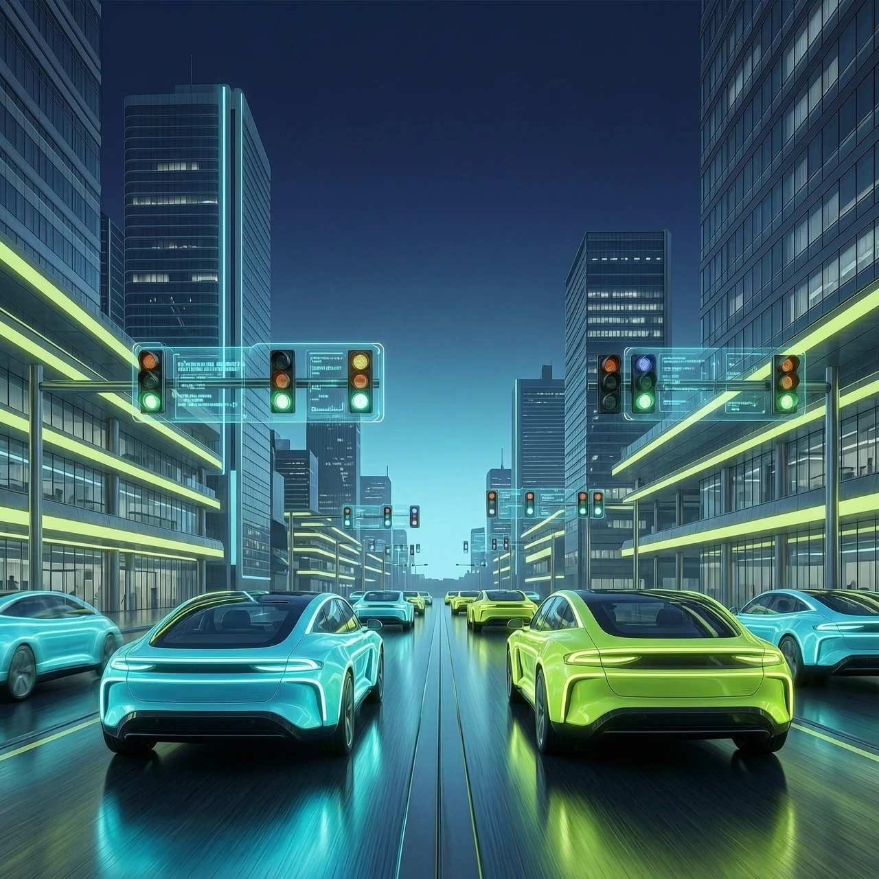 Futuristic city street at night, self-driving cars with glowing neon cyan and acid green lines, smart traffic lights with holographic data, wide 16:9 composition, dark navy blue…