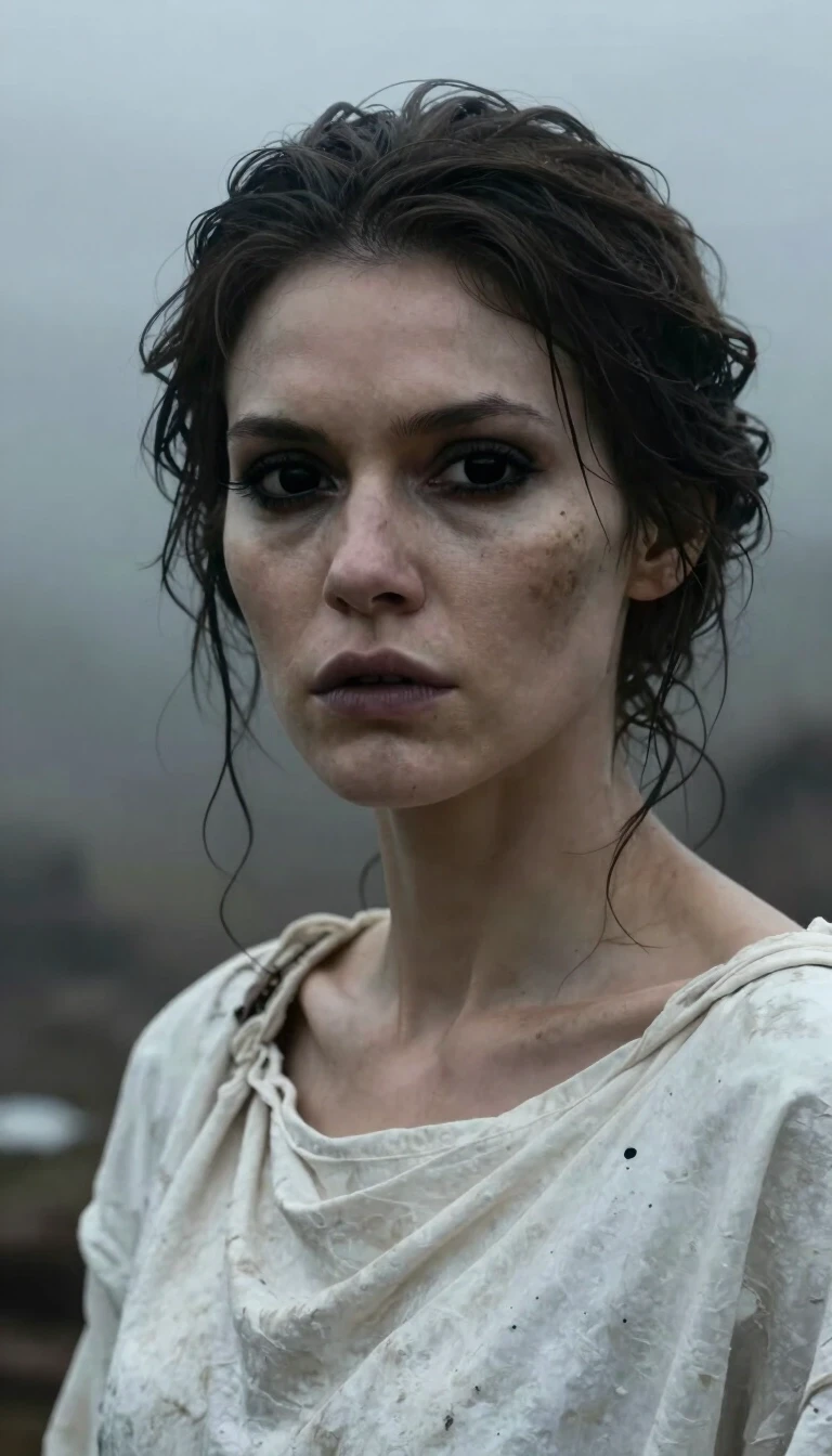 a realistic close-up shot of an woman with black solid eyes, dressed with a white tunic, he's looking at the camera, detailed skin, in a dystopian world, cloudy and foggy…