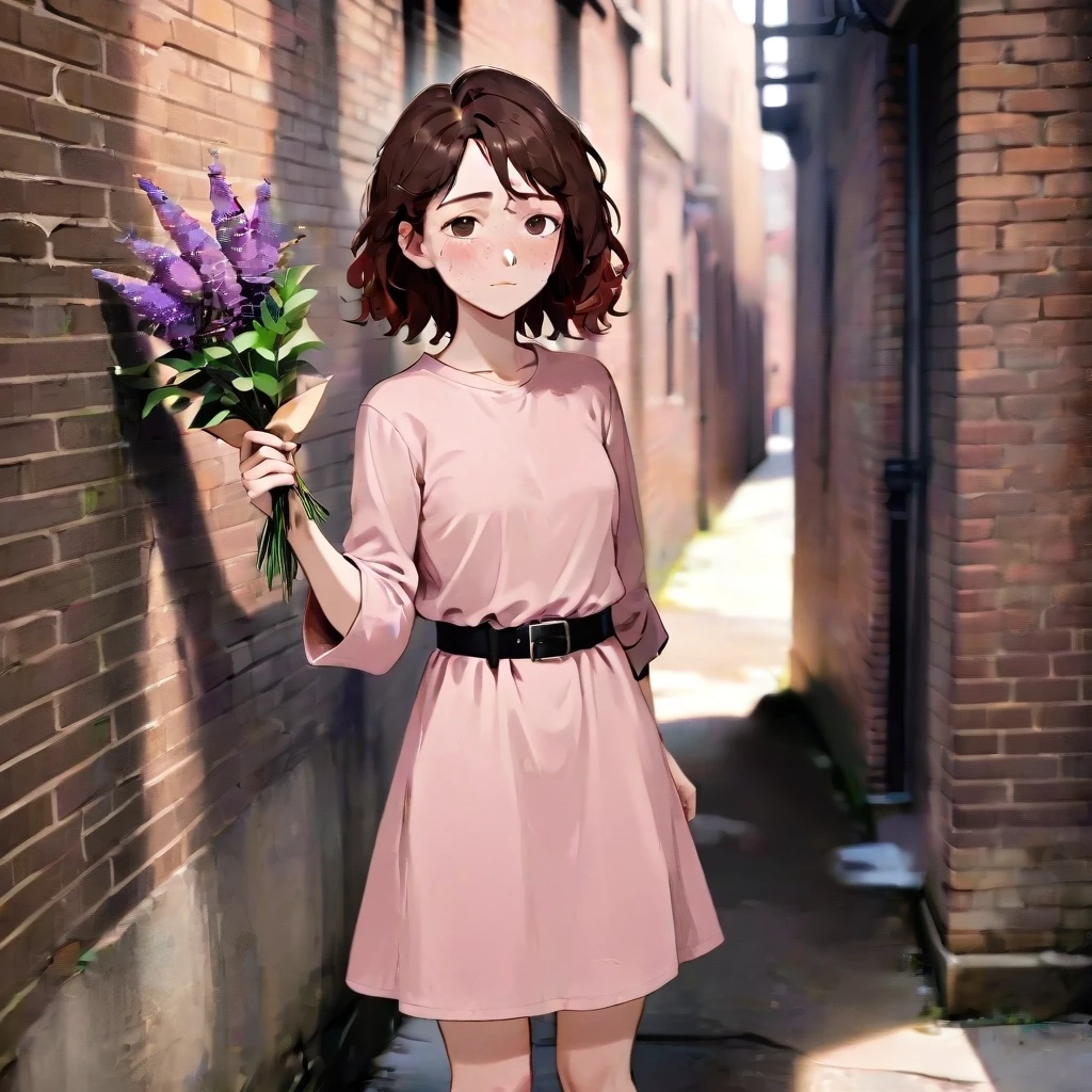 A young woman with wavy dark brown hair and freckles stands against an old brick wall on a narrow city alley. She wears a dusty pink shirtdress with an asymmetrical hem and a…