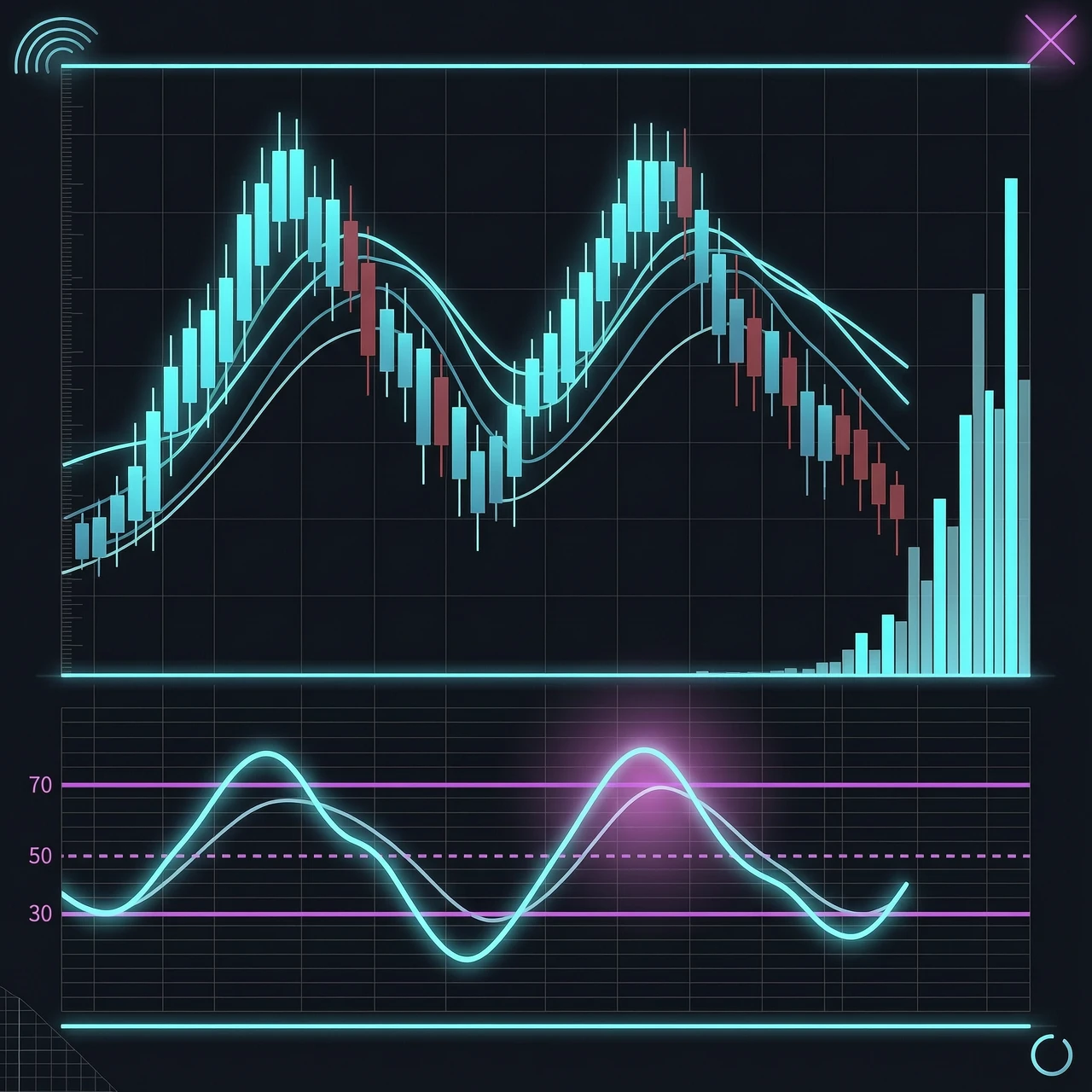 Make an image for a post in the style of a stock terminal. Format: square 1080x1080. Dark background (#0a0e17). In the upper part - a candlestick chart with two extrema (price…