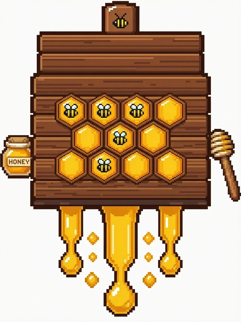 Pixel art beehive,front view, inspired by Stardew Valley and Minecraft aesthetics, cute and chunky stylized design, vibrant golden honey dripping from hexagonal openings, ,,…