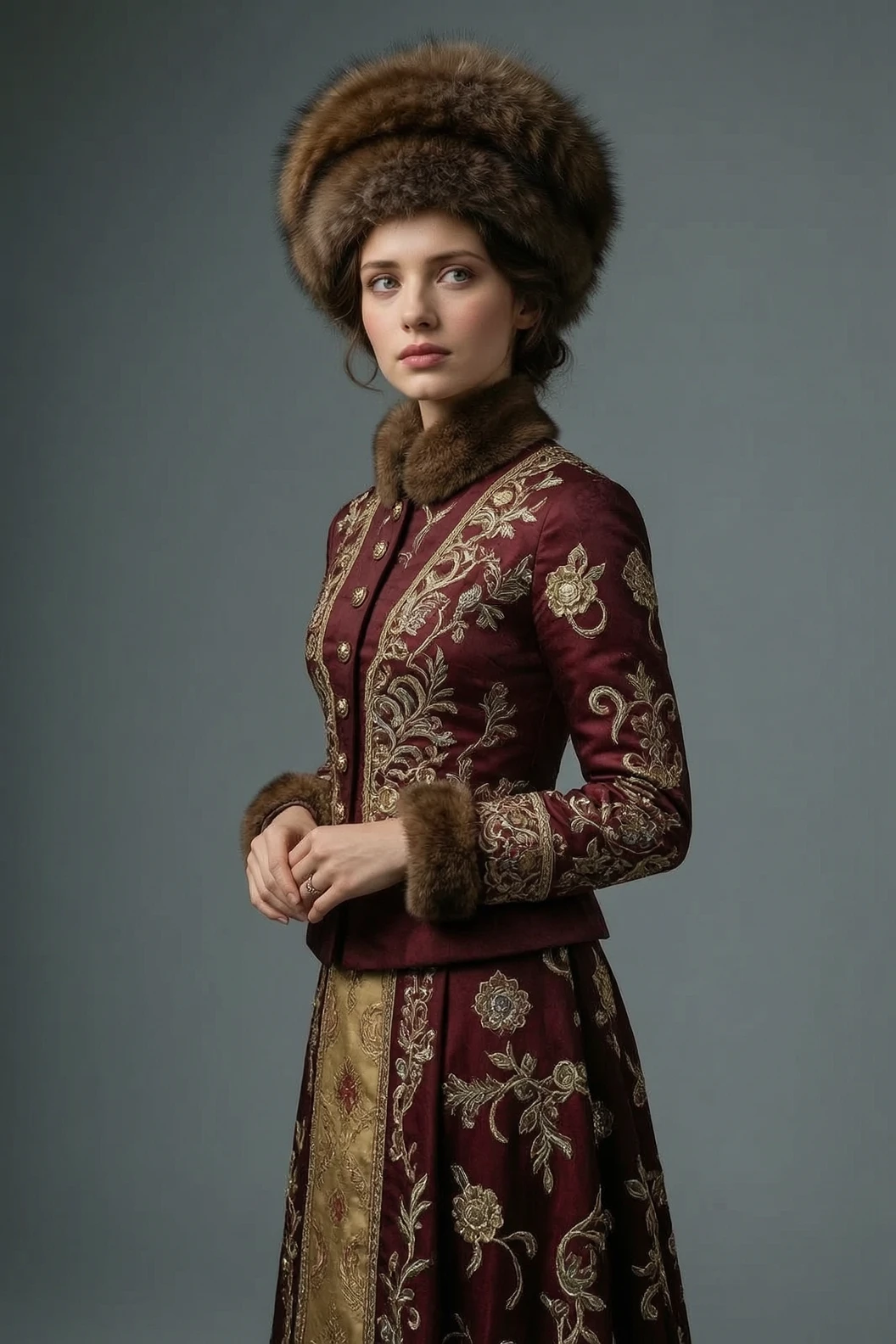 Portrait of a 22-year-old young woman in an elegant historical costume, standing half-turned and looking into the distance with a slight expression of thoughtfulness. She is…
