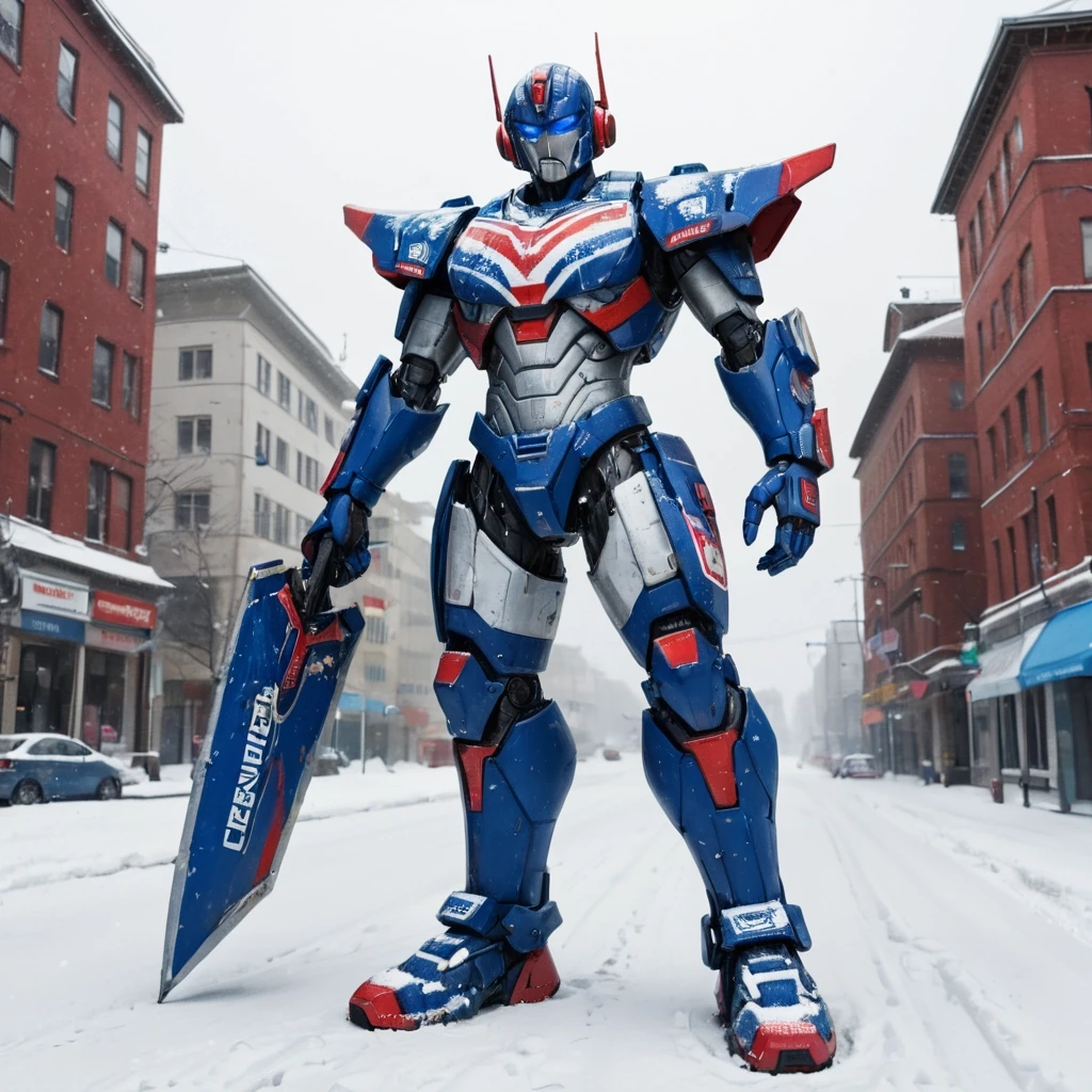 A heroic full-body portrait of Optimus Prime repainted in the Russian flag colors (white, blue, red) with intricate patriotic detailing. His iconic truck cab becomes snow-white…
