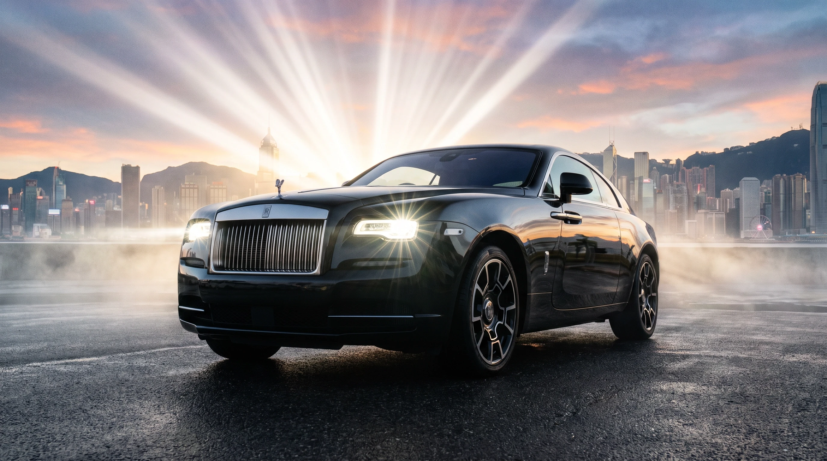 Rolls-Royce Wraith, чёрный окрас, стоит на асфальте, эпичный ракурс, белые лучи, горящие фары, кинематографичная съёмка, шедевр — работа пользователя Весенний Герой