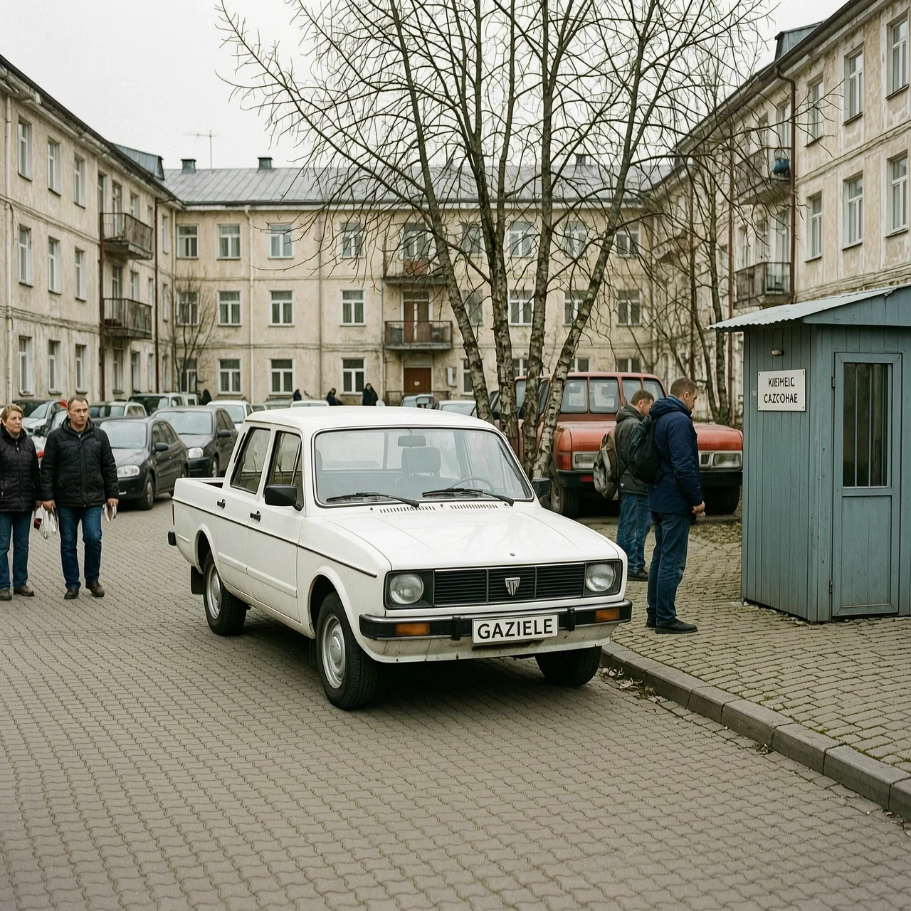 A white GAZelle drives through busy residential courtyard in Russia, parking near a pickup point entrance. Tracking shot from street level. — работа пользователя Ослепительная Муза