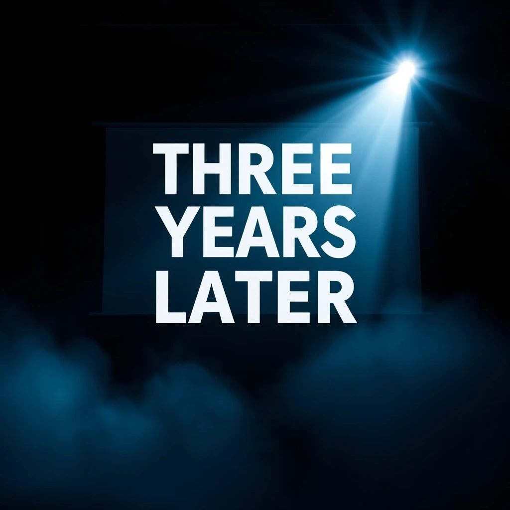 надпись заглавными буквами: "THREE YEARS LATER". Свет от проектора падает на экран, создавая атмосферу драматичного момента. Стиль постера к фильму, высокое качество,…