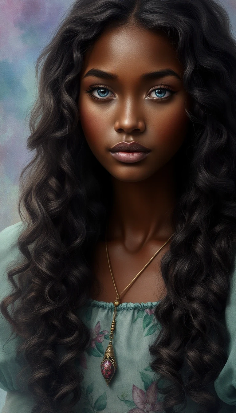 Photorealistic portrait. A young mulatto woman with luxurious, long, curly dark brown hair and delicate, realistic, dark skin. Blue eyes. A thin chain with a pendant around the…