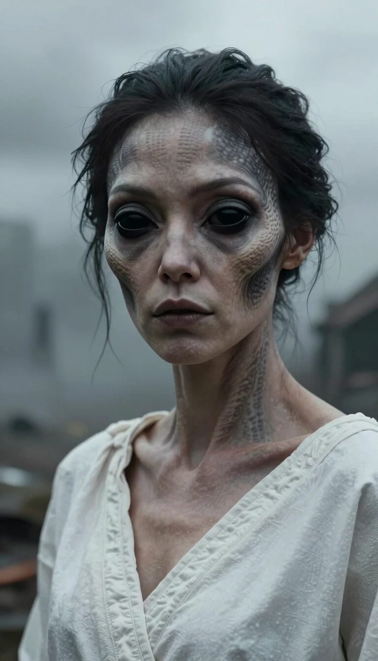 a realistic close-up shot of an alien-woman with black solid eyes, dressed with a white tunic, he's looking at the camera, detailed skin with monochrom pattern on face, in a…