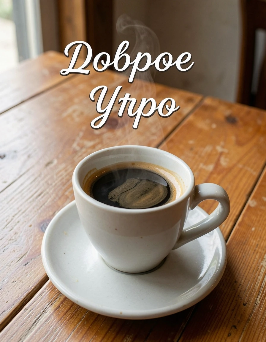 чашка кофе на столе. Вверху надпись "Доброе Утро" — работа пользователя sva1945