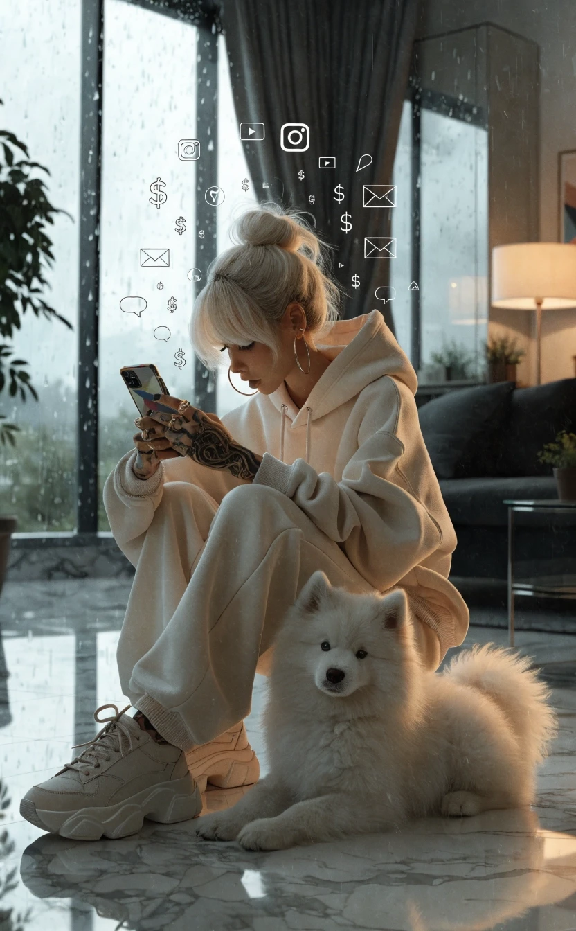 High-quality photorealistic airbrush digital painting of a stylish modern woman. She is sitting comfortably, engrossed in her smartphone. Around her, subtly glowing and…