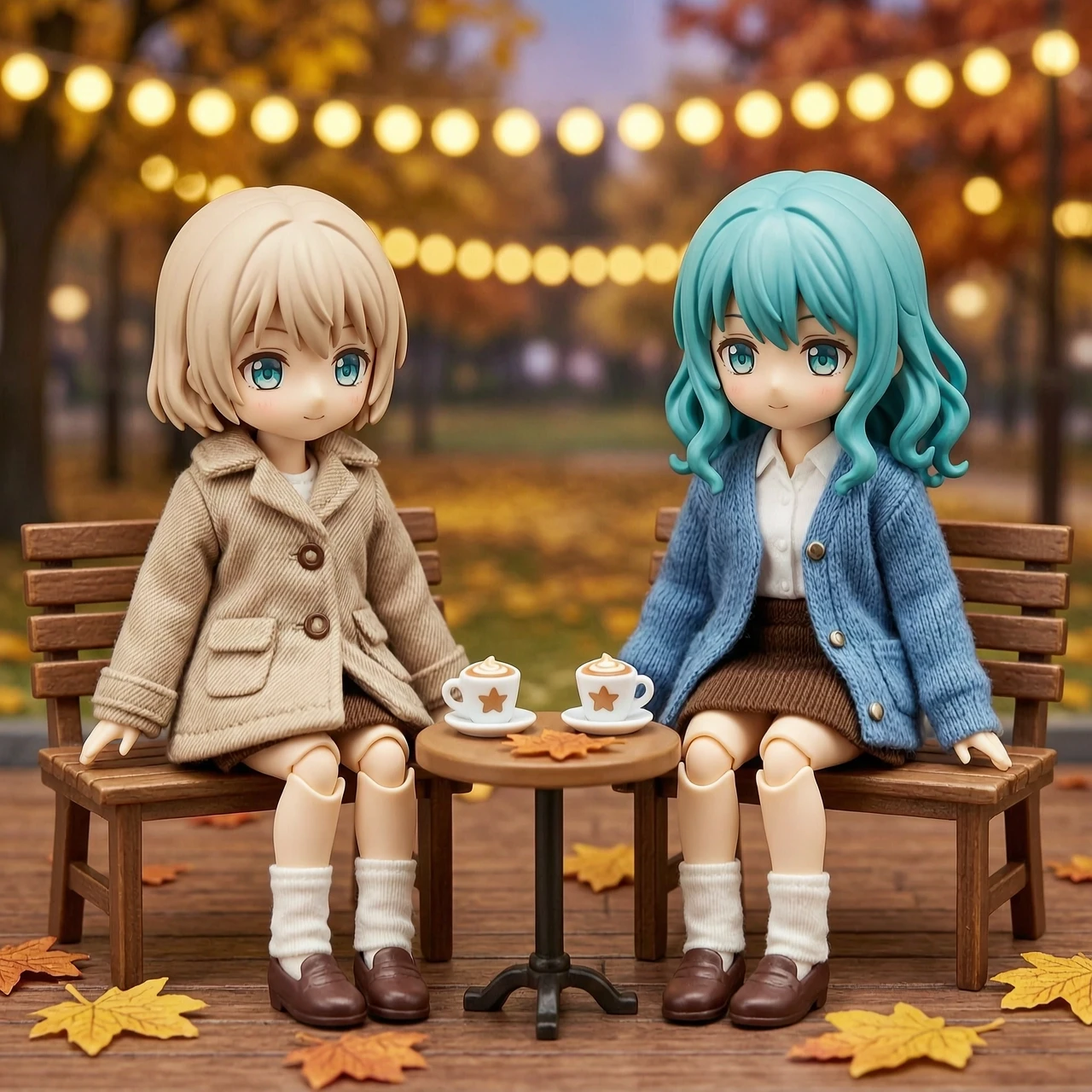 Профессиональная макрофотография двух шарнирных аниме-кукол в стиле Q Posket Doll, масштаб 1:12. Харука со светлыми короткими волосами в тёплом пальто и Мичиру с волнистыми…
