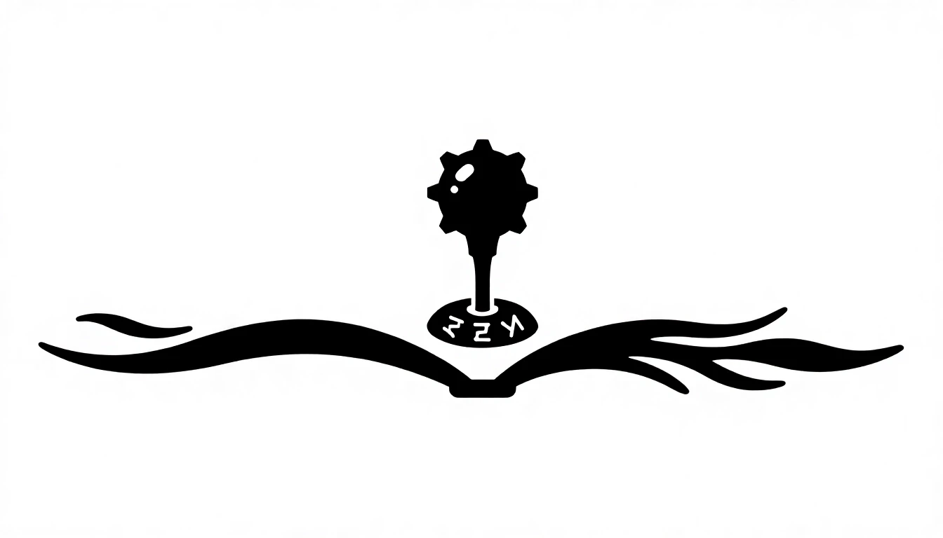 A symmetrical book chapter divider element, isolated on a solid white background. In the exact center, there is a tiny, elegant mechanical gear shift lever ornament with glowing…