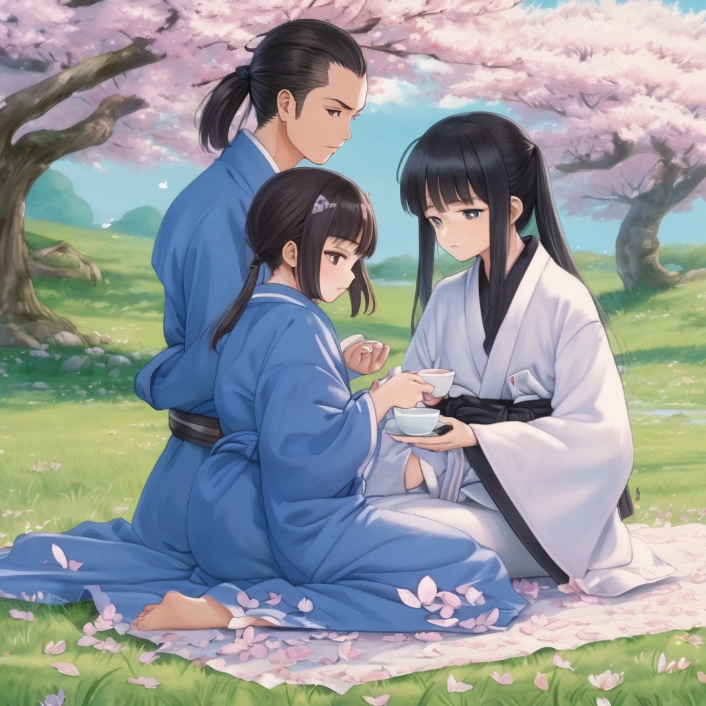 a couple of people that are sitting in the grass, a picture, by Jin Homura, tea, wearing a blue robe The girl opens her robe (not completely), sakura petals cover her chest…