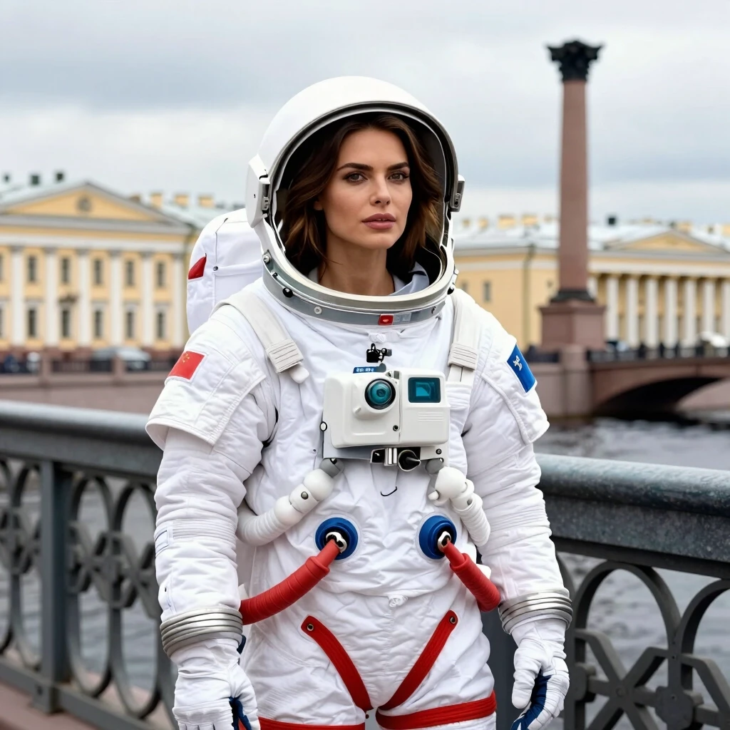 Красивая девушка, шотенка очень похожая на сексуальную актрису Анну Ковальчук в космическом скафандре стоит на питерском мосту. На фоне набережная с растральными колоннами. —…