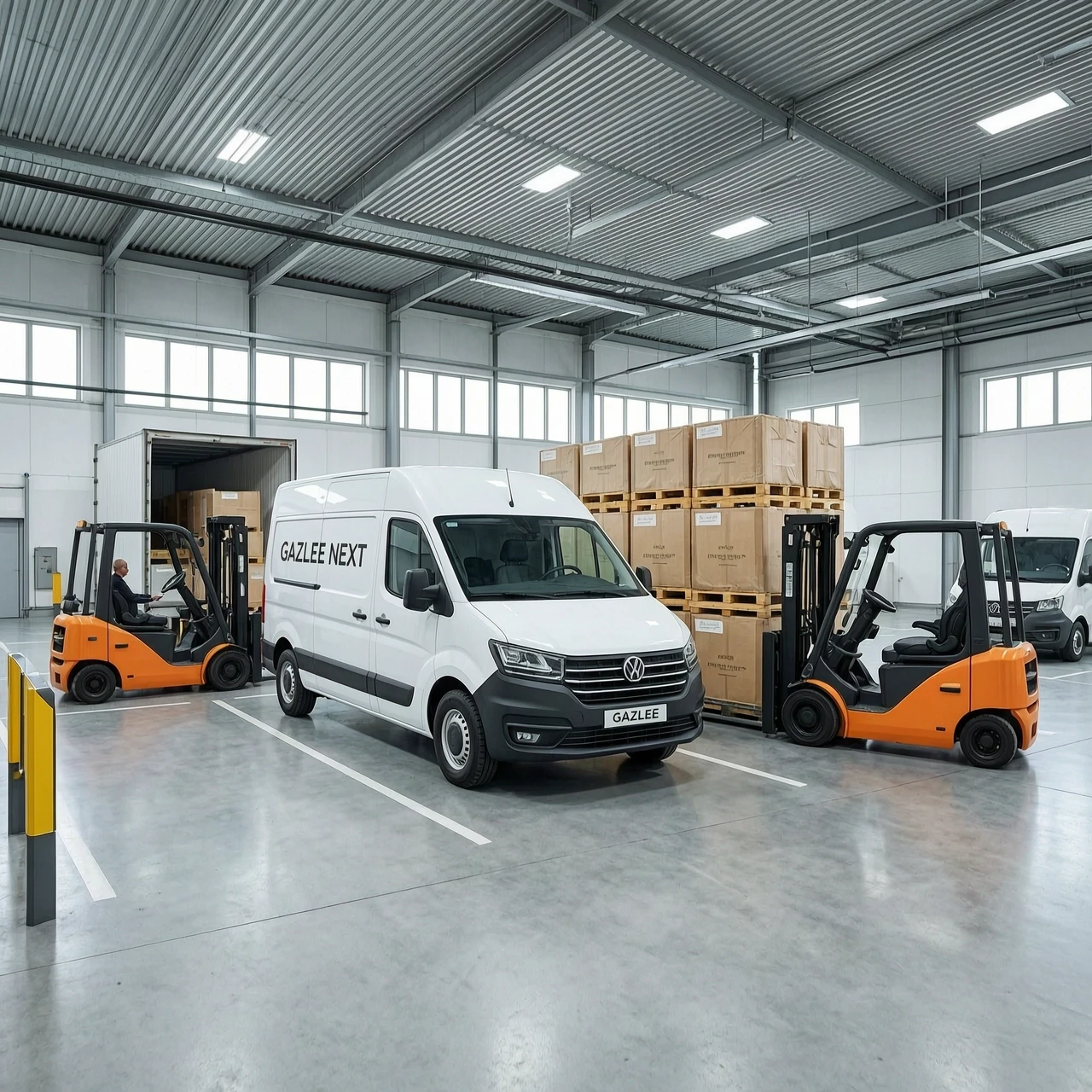 White GAZelle NEXT delivery vans parked inside a city distribution hub. Electric forklift moves pallets from truck to van. Medium shot. — работа пользователя Ослепительная Муза