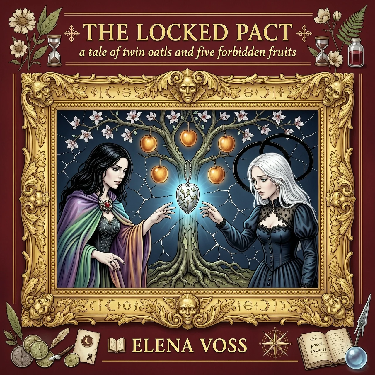book cover illustration, symmetrical: a huge ornate golden frame with a painted blossoming tree bearing five glowing fruits, on the left a black-haired witch with an iridescent…