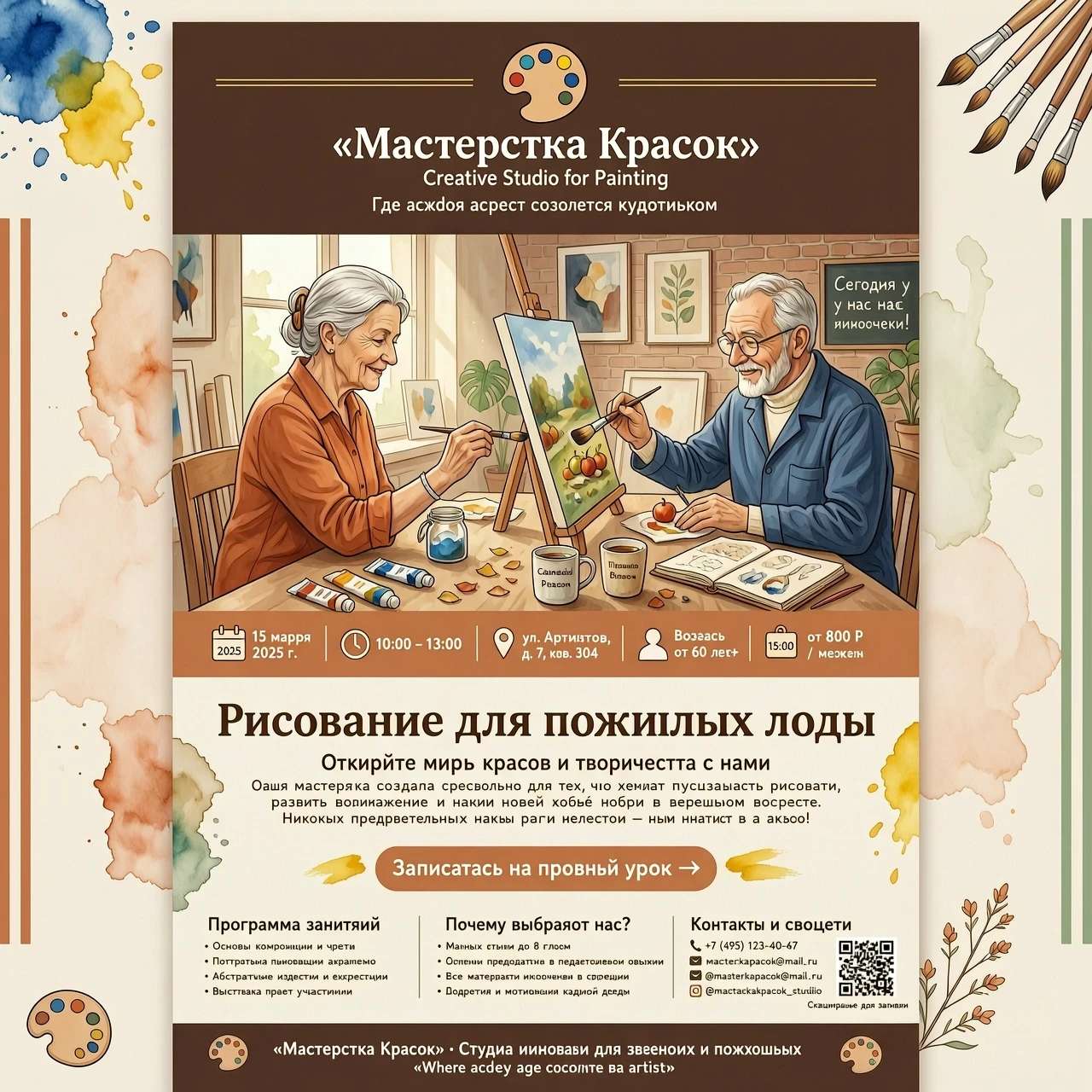 Создай рекламную афишу для творческой студии рисования для пожилых людей — работа пользователя Очаровательная Пыль