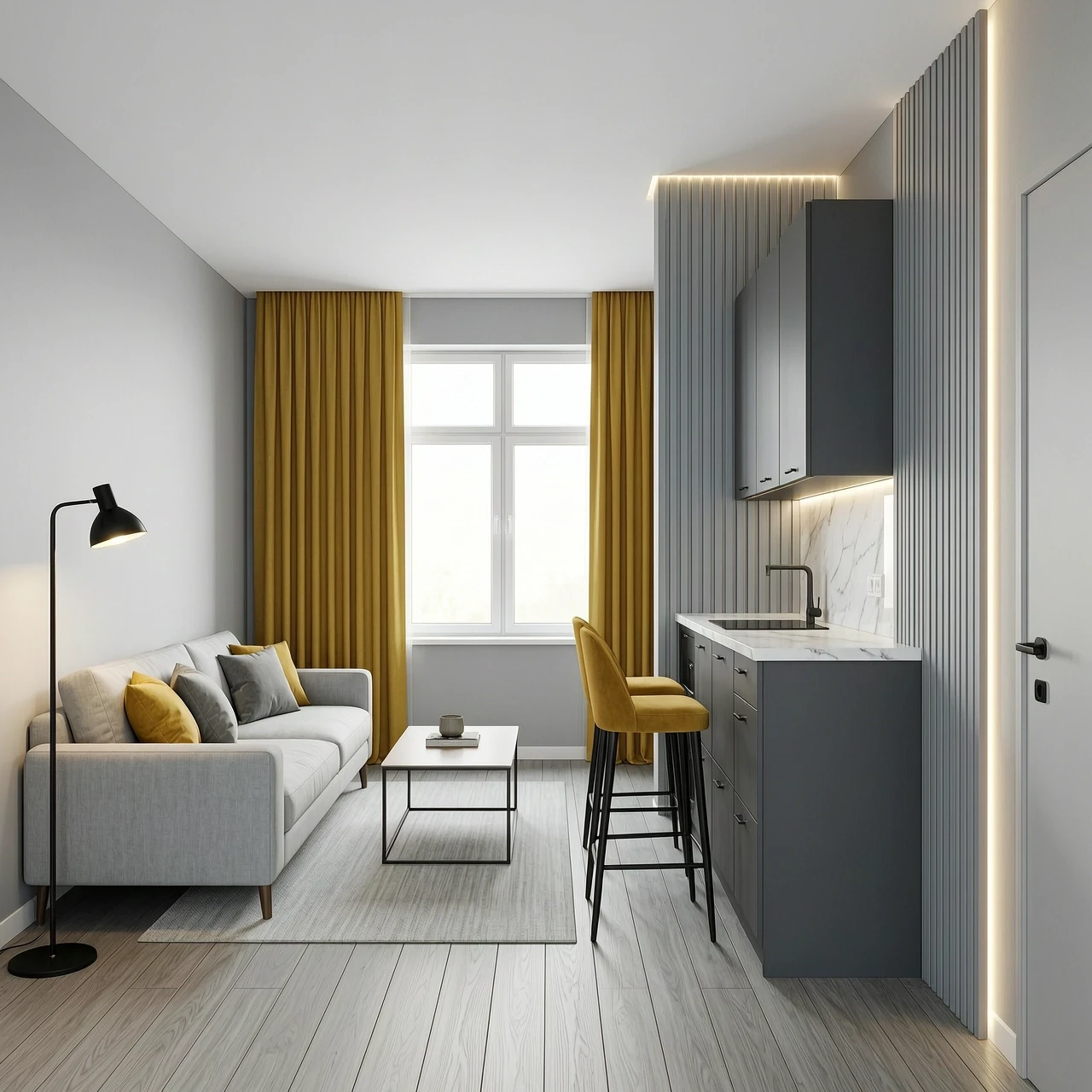 Interior design of a rectangular 18 sqm kitchen-living room, view from the entrance door. Room size 4.5m width x 4.0m depth, ceiling height 2.7m. Upon entering, on the left is a…