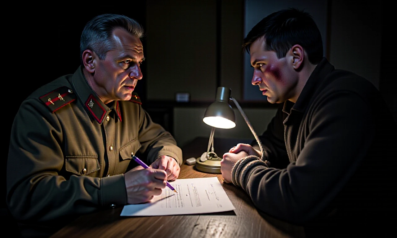 Cinematic intense two-shot portrait of a military interrogation during World War II, autumn 1944. A 39-year-old Soviet counterintelligence officer in a buttoned m43 tunic with…