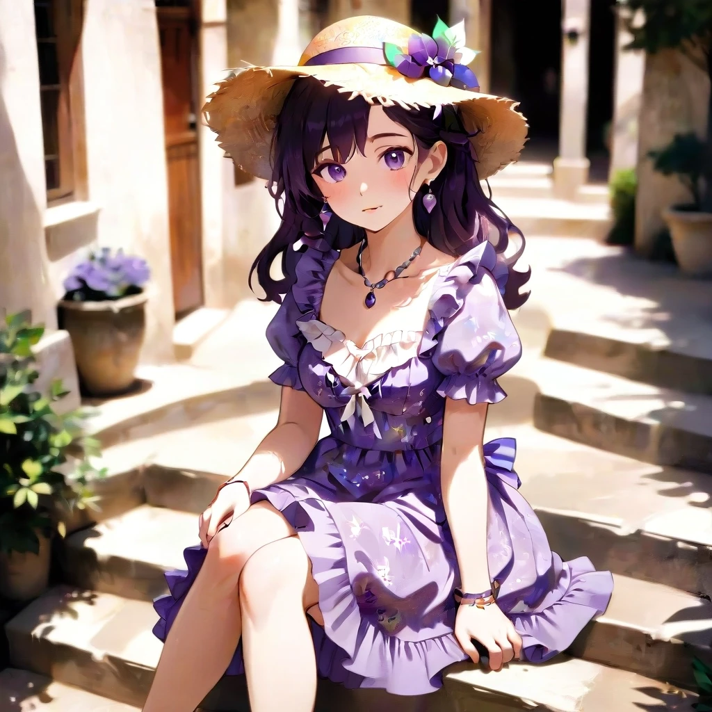 Portrait of a stylish young woman seated on sunlit stone steps in a Mediterranean courtyard, wearing a vintage-inspired purple floral sundress with puff sleeves, sweetheart…