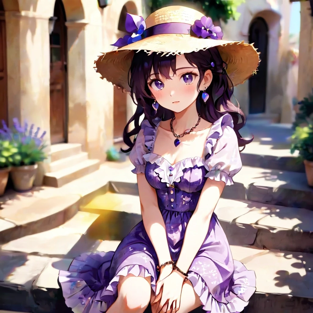 Portrait of a stylish young woman seated on sunlit stone steps in a Mediterranean courtyard, wearing a vintage-inspired purple floral sundress with puff sleeves, sweetheart…