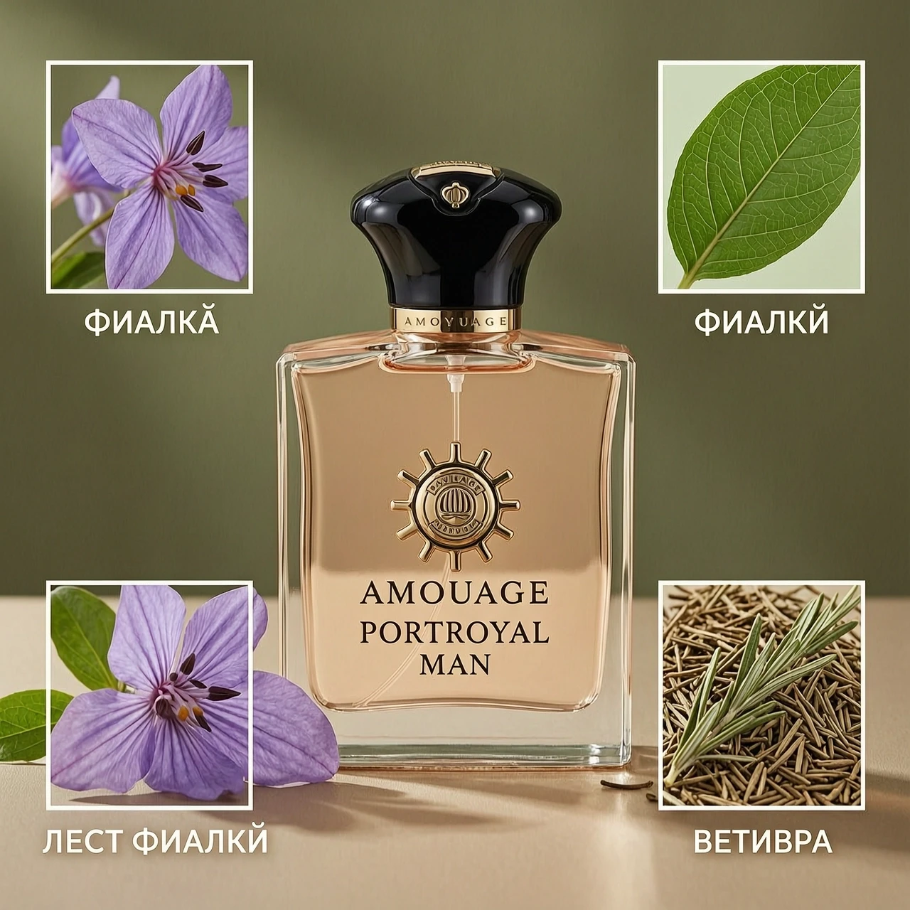 Изображение флакона духов Amouage Portroyal Man в окружении изображений компонентов - фиалка, лист фиалки, ветивер — работа пользователя Импульсивный Свет