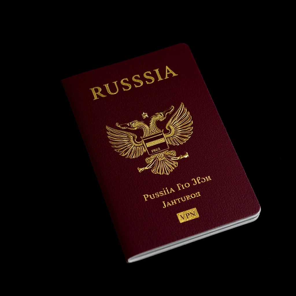 Российский загранпаспорт на абсолютно черном фоне, темно-бордовая обложка с золотым двуглавым орлом и надписью "Просто включил VPN", тиснение, студийное освещение,…
