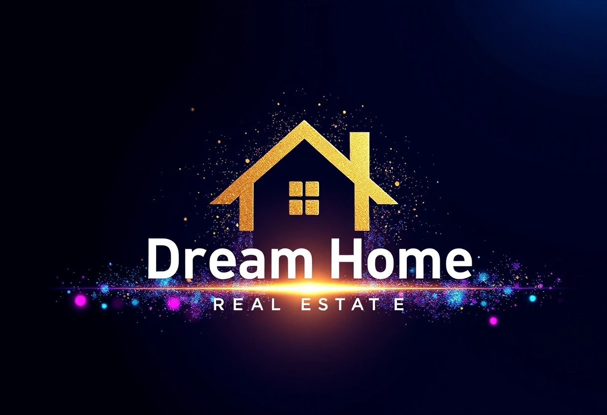 Логотип: Dream Home Real Estate (вместо лица) Фон: глубокий космос или темный градиент от темно-синего к синему электрику Элементы: мерцающие переливающиеся голубые блестки и…