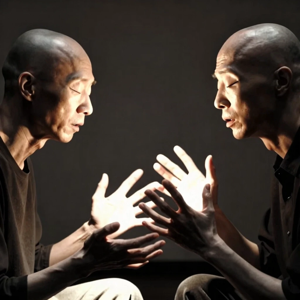 Cinematic close-up portrait, two blind people sitting opposite each other in a minimalist dark room, both with closed eyes or blind eyes, engaged in an animated conversation,…