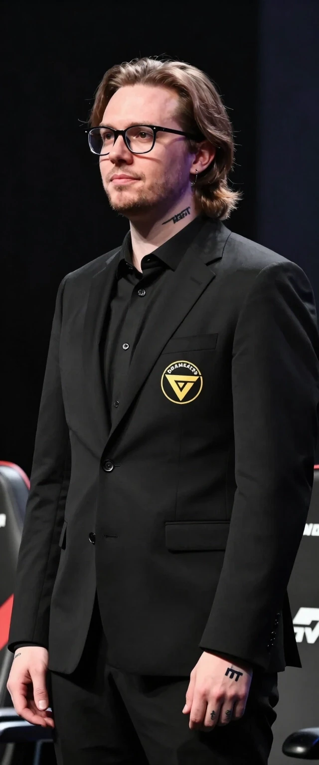 create an esports club coach with glasses, medium-length hair, tattoos, wearing a black suit with the dreameaters logo, without a background, in a front-facing profile view like…