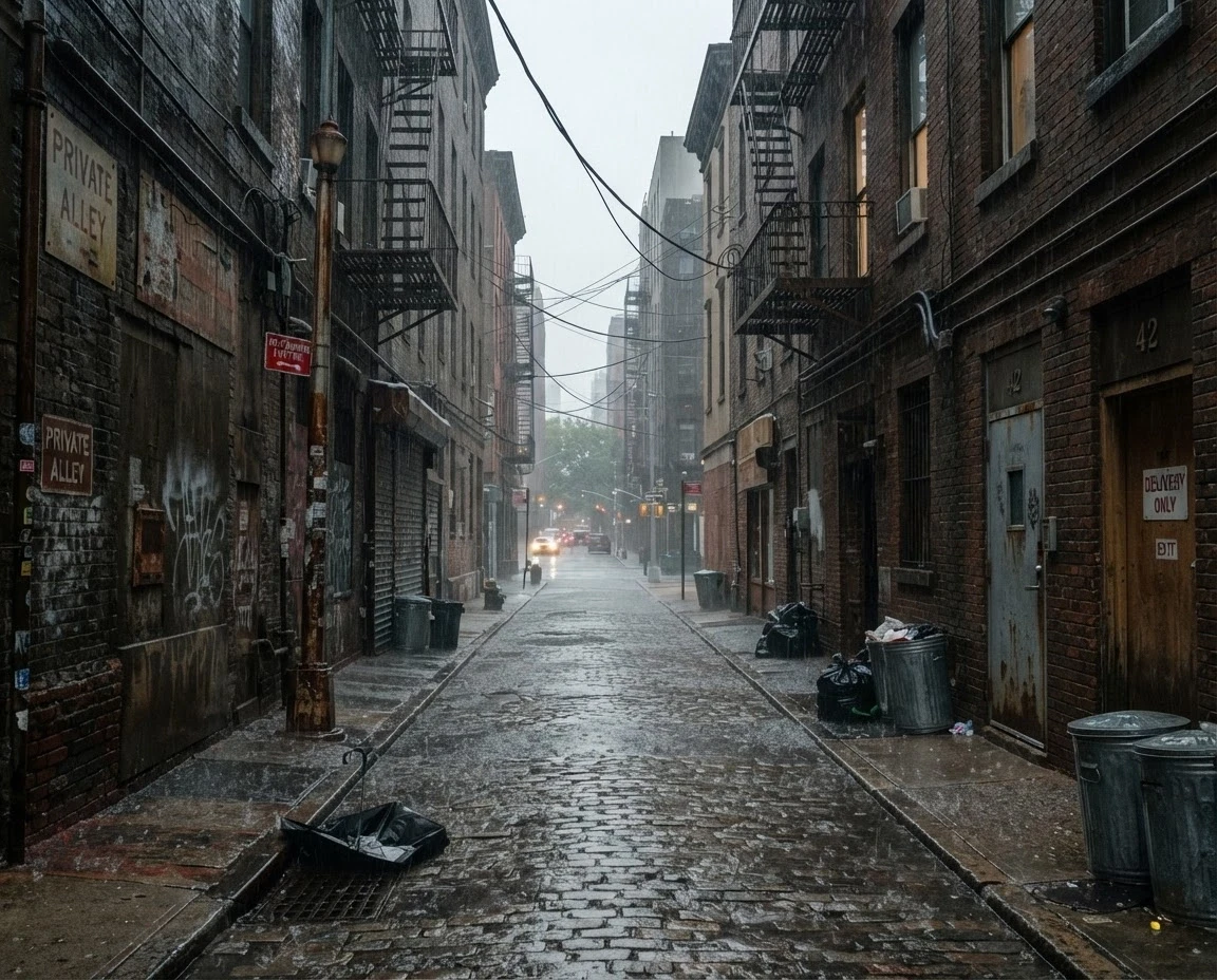 A rainy day in a small alley in New York City, no people in the photo, photorealistic, high detail — работа пользователя Кисть художника