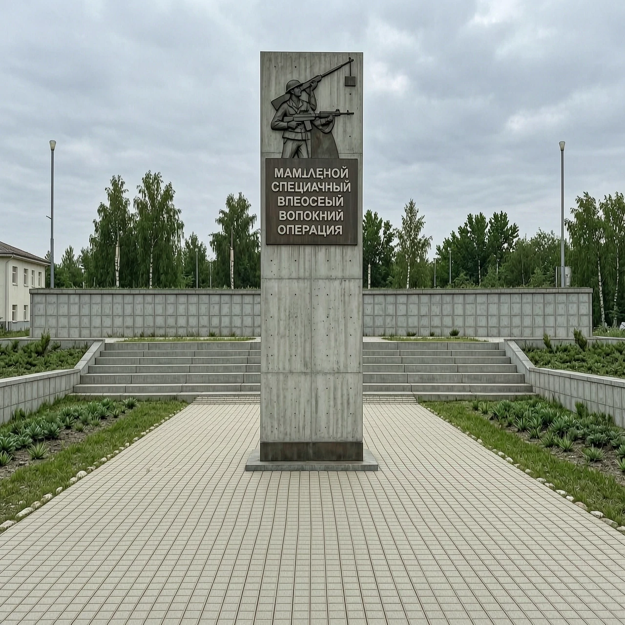 Фотореалистичный кадр: памятник в честь специальной военной операции стоит как входная группа перед территорией, перед памятником дорожка из плитки, сам памятник выполнен из…
