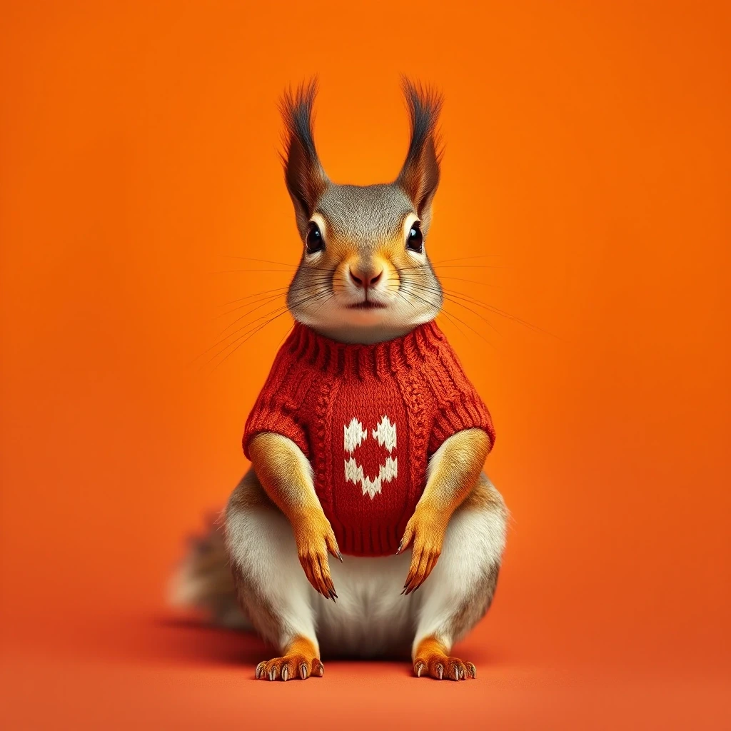 Draw a symmetrical frontal frame in the style of Wes Anderson for the A6 format. In the center is a full—length squirrel, it sits on its hind legs, and on its chest is a knitted…