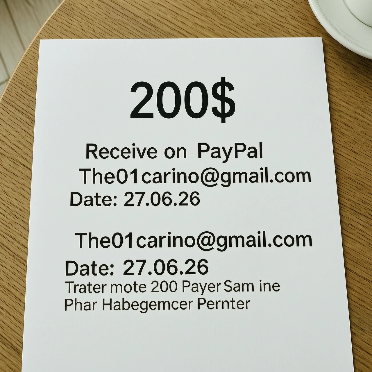 Make a 200$ receive on PayPal on the mail The01carino@gmail.com date 27.06.26, — работа пользователя Неповторимый Кристалл