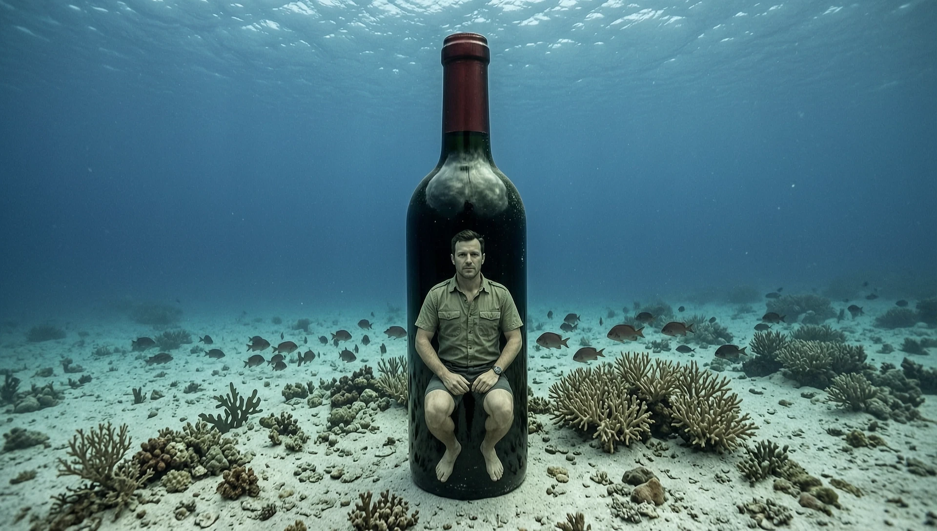 man inside a wine bottle on the sea bottom — работа пользователя Интересный Маг