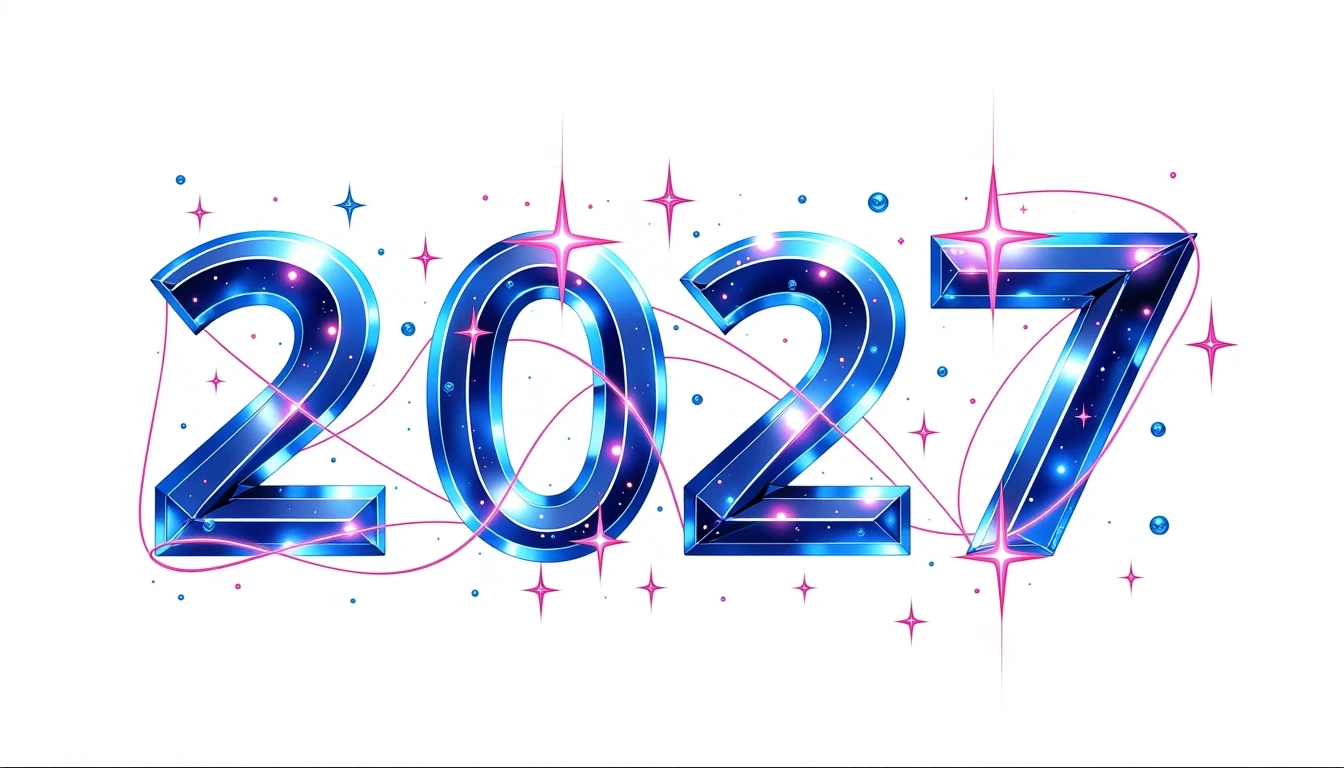 Крупные, чёткие объёмные цифры «2027» на изолированном чистом белом фоне. Каждая цифра «2», «0», «2», «7» написано идеально правильно и разборчиво. Современный праздничный…