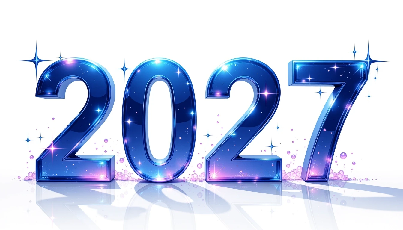 Крупные, чёткие объёмные цифры «2027» на изолированном чистом белом фоне. Каждая цифра «2», «0», «2», «7» написано идеально правильно и разборчиво. Современный праздничный…