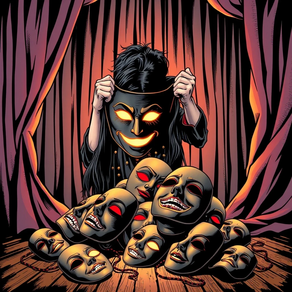 A person tears off a theatrical mask, revealing their own glowing face underneath. Behind them, a stack of discarded masks lies on the floor. The stage curtains are being torn…