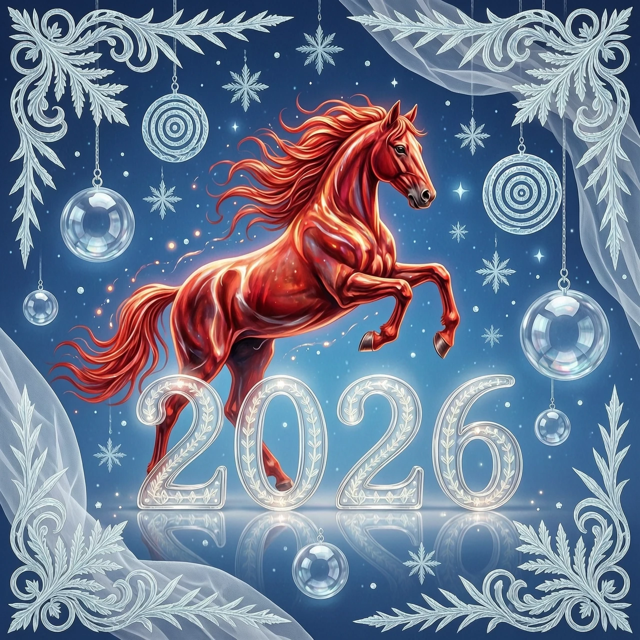 In the double exposure style. An ephemeral mythical creature in the form of a beautiful scarlet fiery horse with a long wavy mane collects the word "2026" from glass…