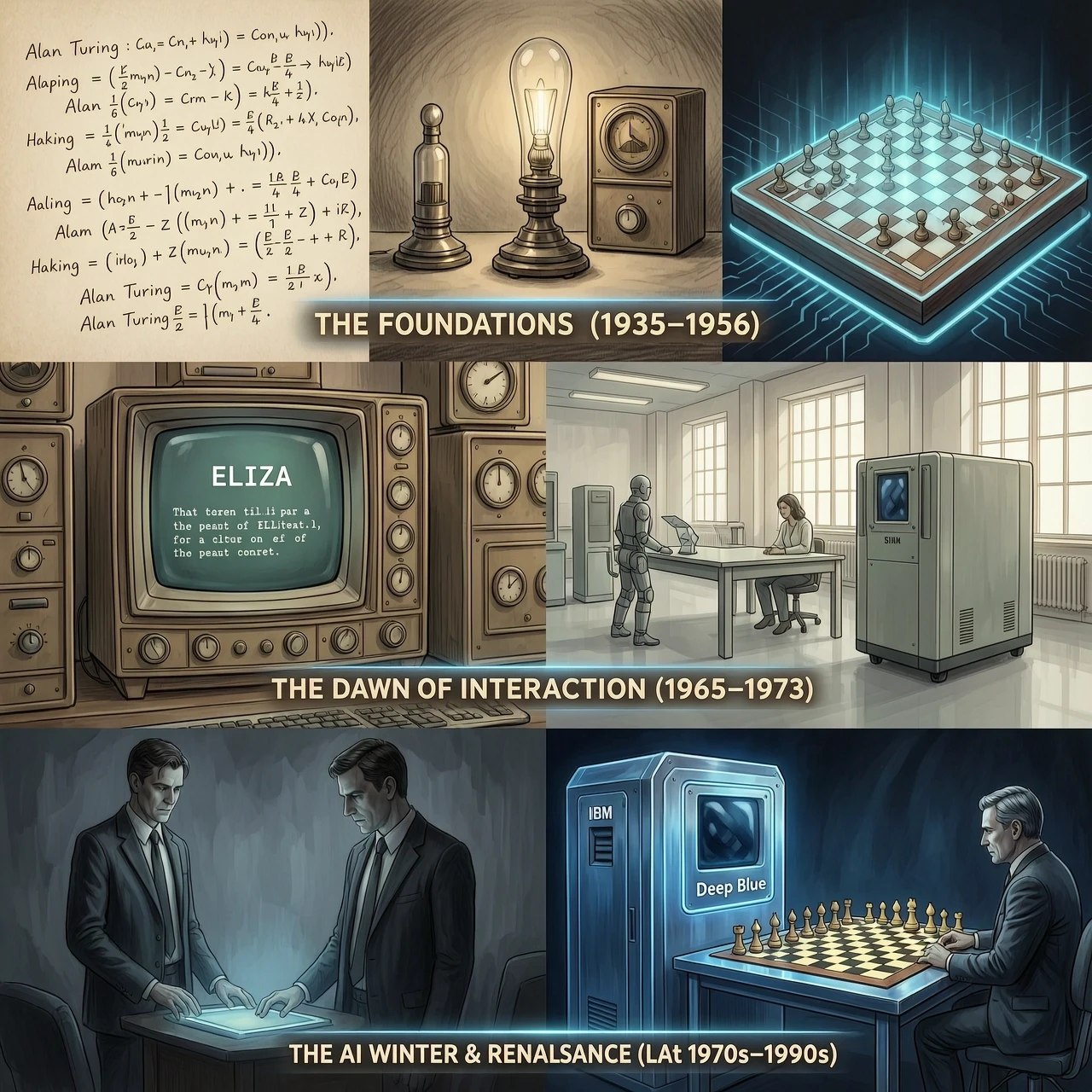 A cinematic, multi-layered infographic collage in a high-tech "digital evolution" style, depicting the chronology of Artificial Intelligence through a seamless visual…
