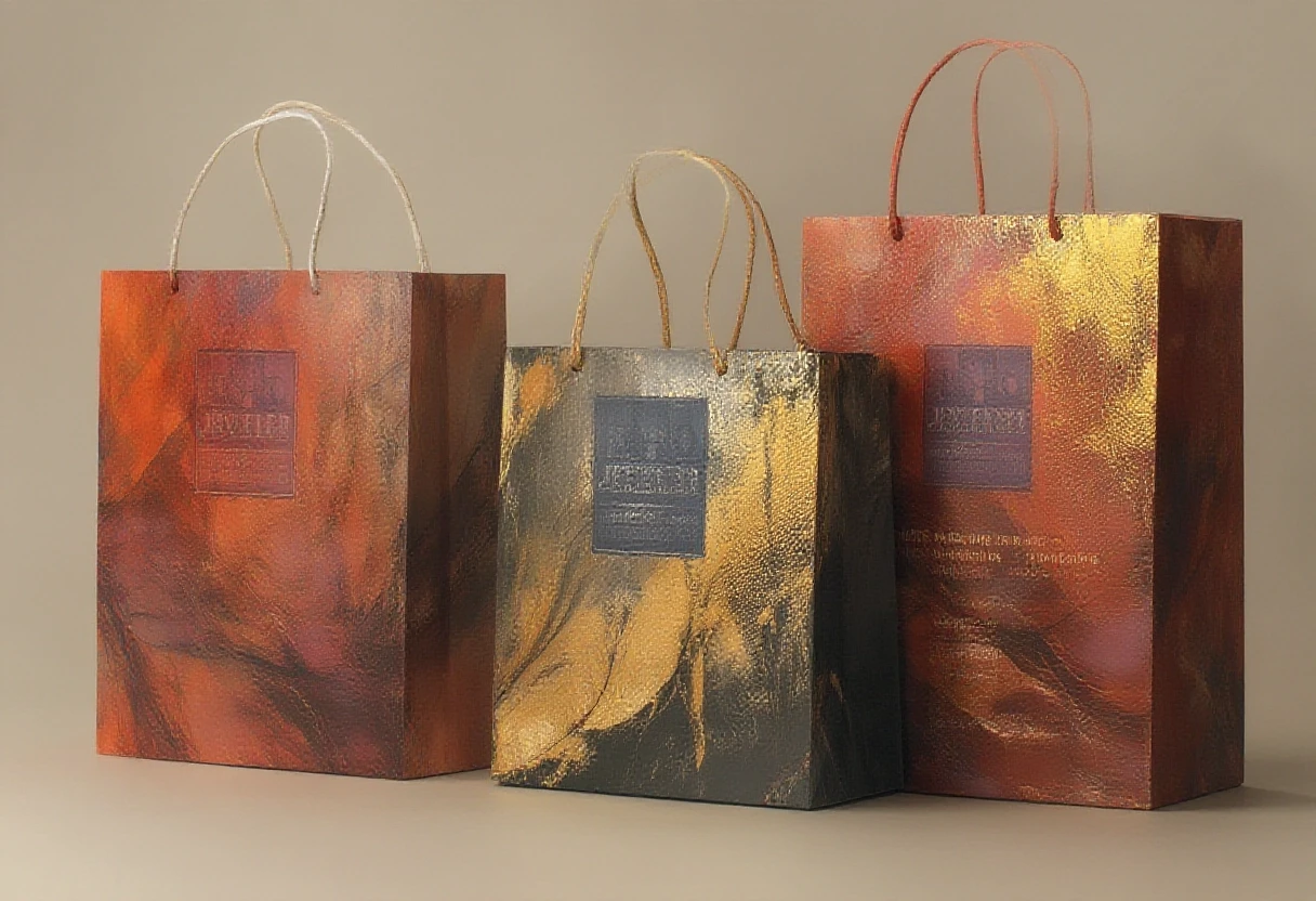 Photorealistic studio shot of three tall paper shopping bags with white rope handles on a clean light neutral background. Left bag in Muted Clay palette (soft terracotta, warm…