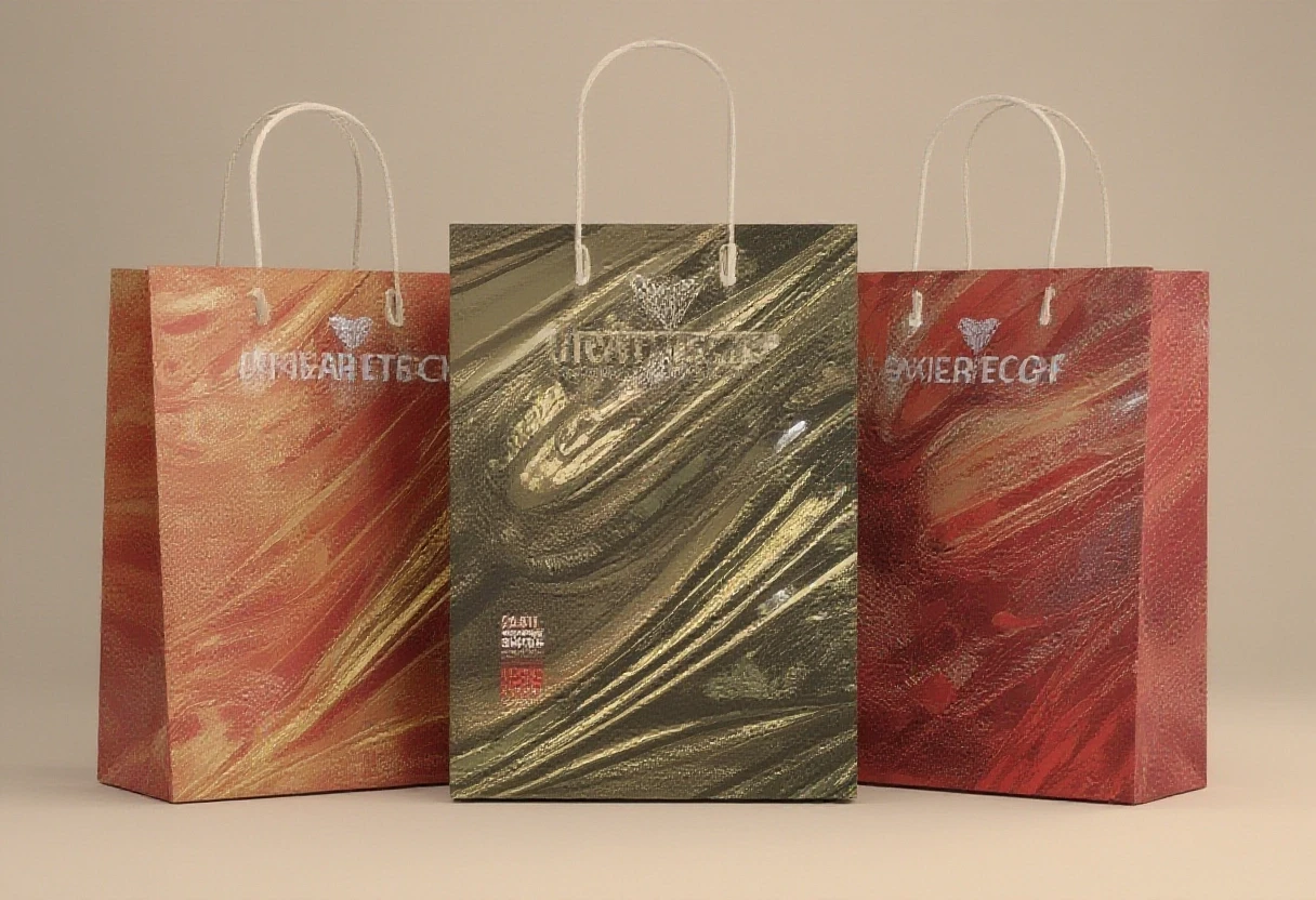 Photorealistic studio shot of three tall paper shopping bags with white rope handles on a clean light neutral background. Left bag in Muted Clay palette (soft terracotta, warm…