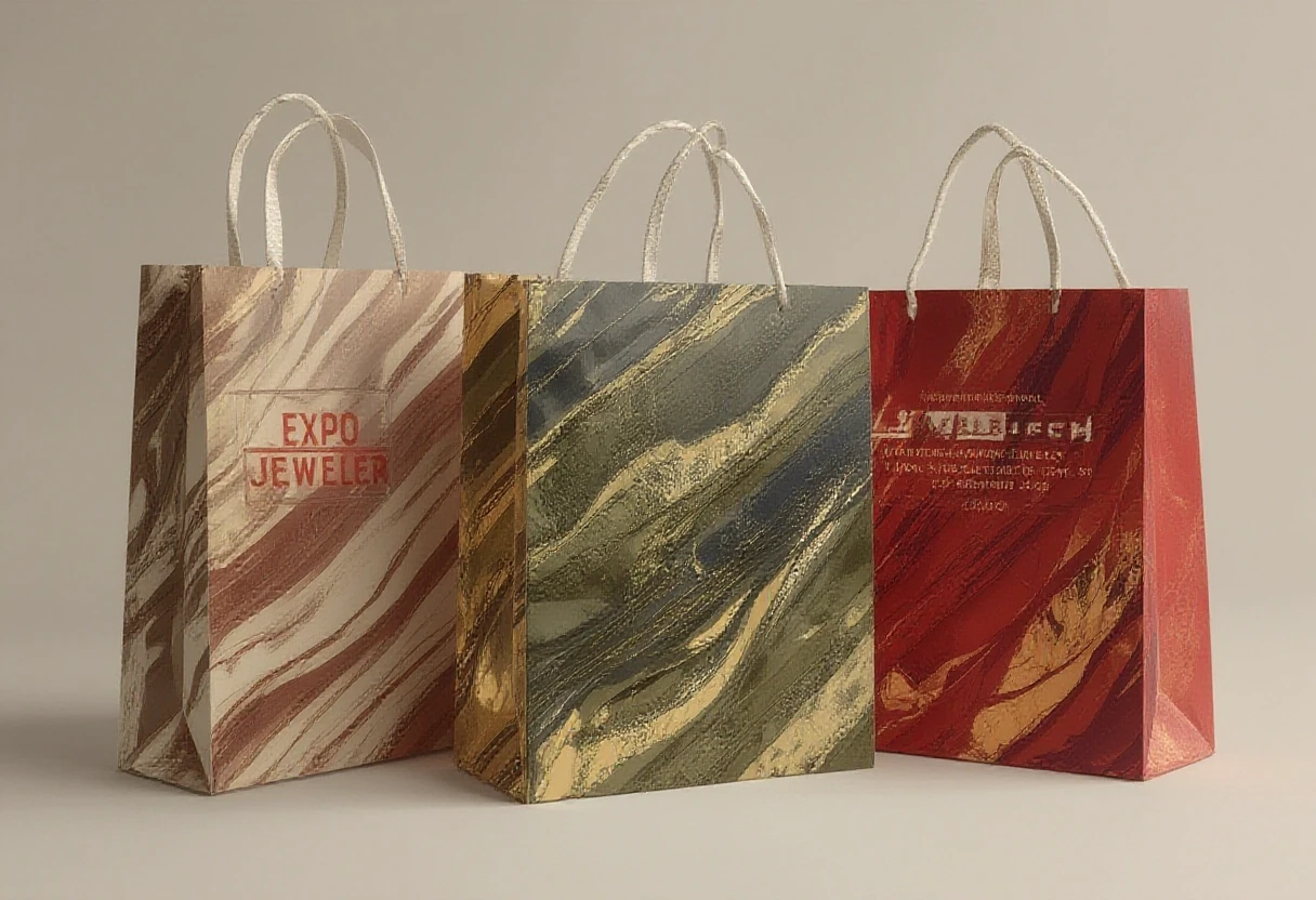 Photorealistic studio shot of three tall paper shopping bags with white rope handles on a clean light neutral background. Left bag in Muted Clay palette (soft terracotta, warm…