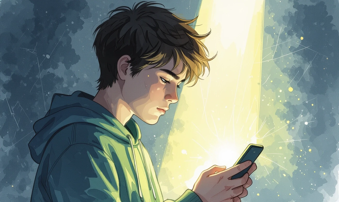 Generate an illustration in the watercolor-graphic sketch technique (watercolor spots + pencil shading). Plot: a teenager in a bright light area from a smartphone screen;…