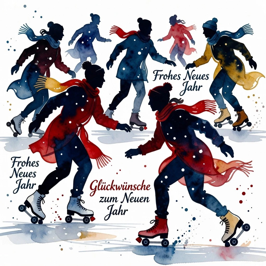 Create a watercolor urban sketch: watercolor inks in the style of Jan Kont, people on skates, in the style of New Year's German postcards. Silhouette. On a white background…