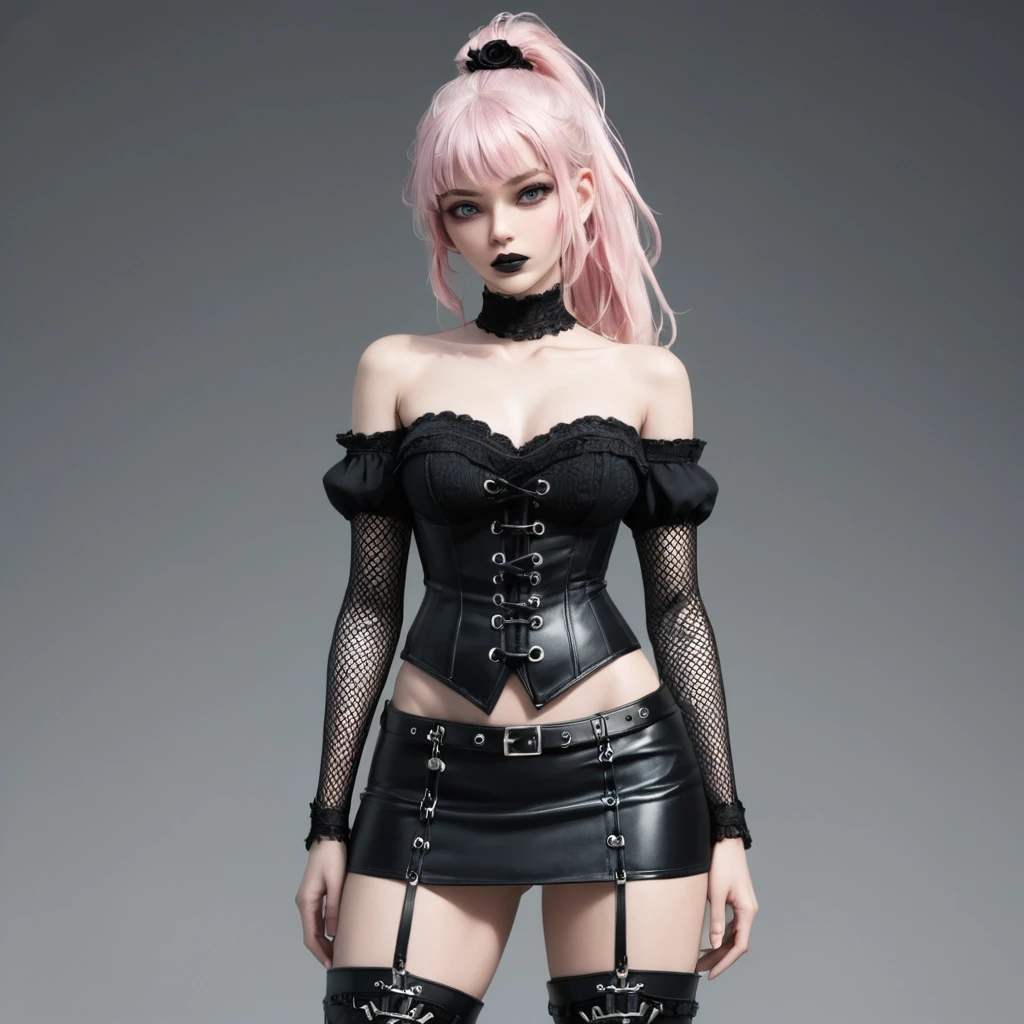 Anime girl, , long silver-pink hair in high ponytail with black flower clips, sharp violet eyes with dark rings around, pale skin, full lips with glossy black lipstick. Wearing…